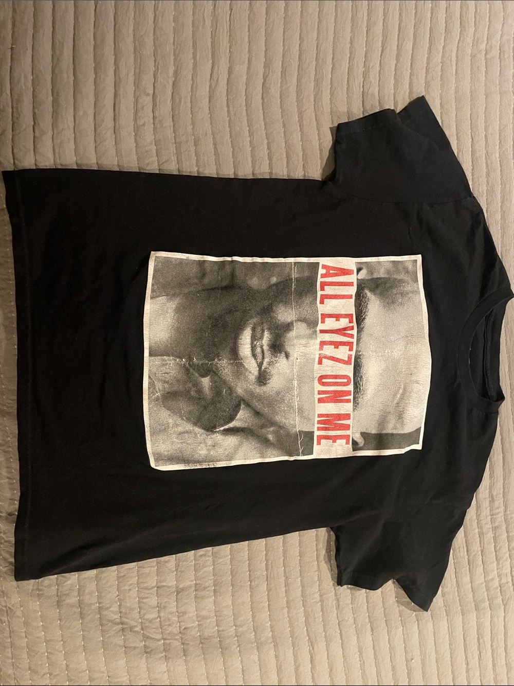 Bravado Black Tee with Red 'ALL EYEZ ON ME' Vertical Text